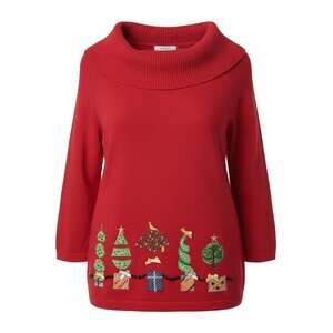 Dressbarn Women's Red Christmas Cowl Neck Sweater with Beaded Tree Embroidery XL